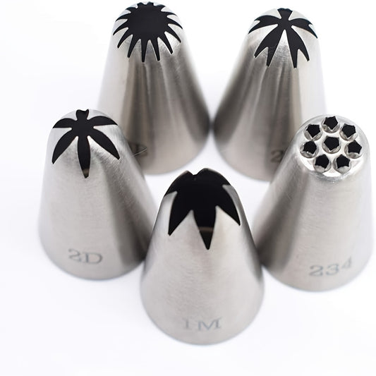 5pcs, Pipping Tip, Stainless Steel Pastry Tip, # 6B, 2D, 1M 234, 2F Icing Nozzle Tips For Frosting, For Cupcake Cake Decorating, Puff Making, Cookie Making, Baking Tools, Kitchen Gadgets, Kitchen Accessories