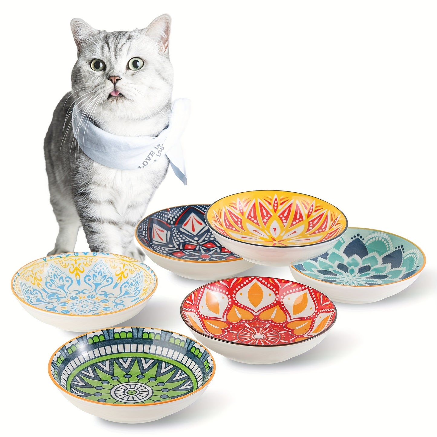 6pcs 5.5in Wide Shallow Cat Food Bowl Set -Ceramic - Colorful Cute Small Flat Kitten Feeding Dish - Microwave And Dishwasher Safe