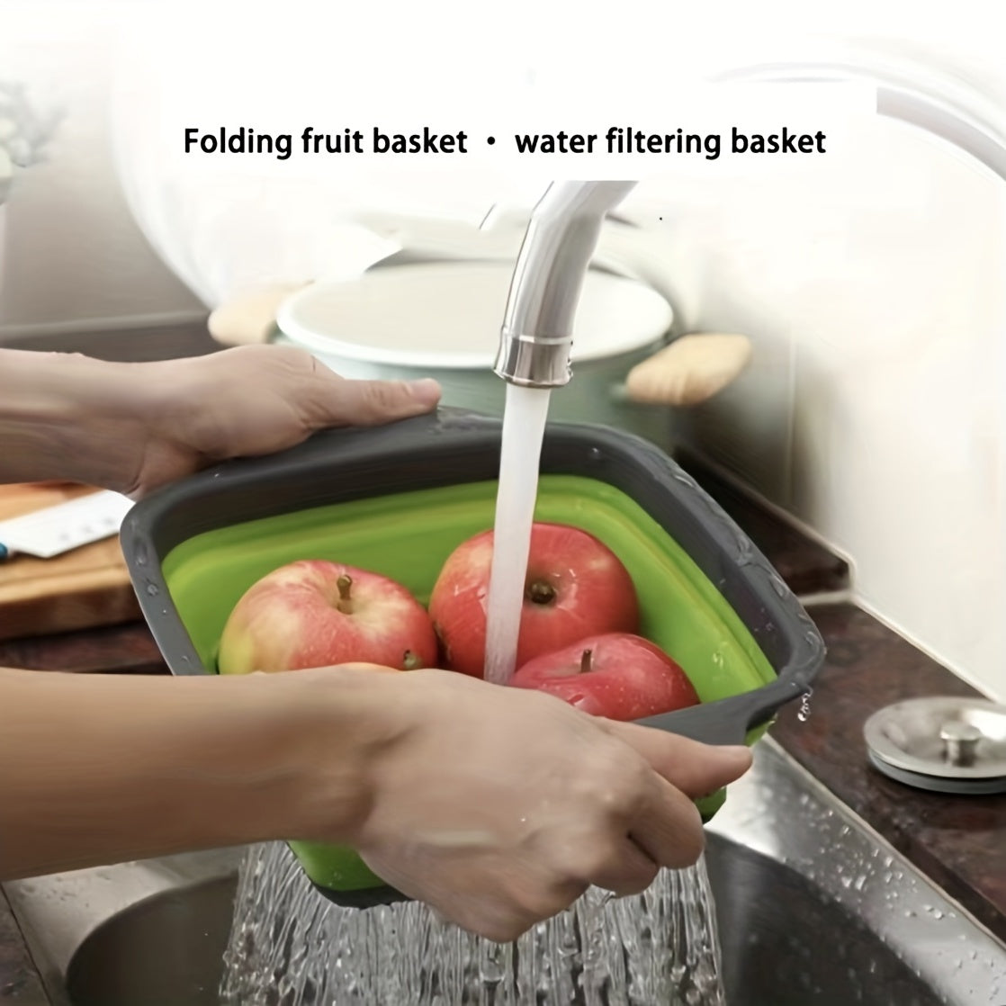 2pcs, Foldable Silicone Colander, Vegetable Washing Basket Strainer, Kitchen Sink Folding Square Drain Basket, Fruit And Vegetable Basket, Kitchen Accessaries