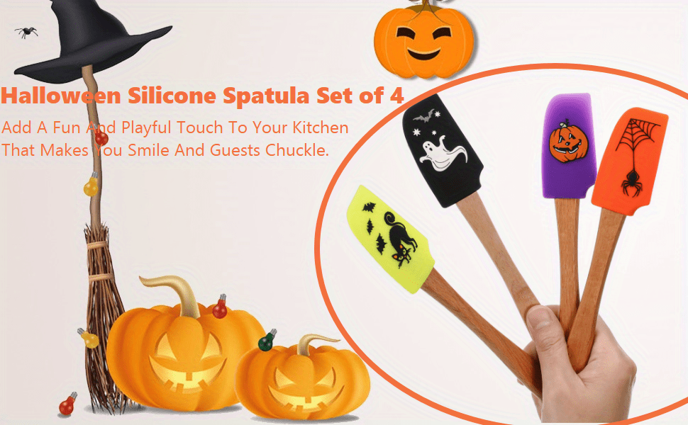 1/4Pcs, Halloween Spatula, Wooden Handle Silicone Spatula, Heat Resistant Silicone Scraper Set, Cream Spatula, Kitchen Scraper For Cooking, Baking And Mixing, Pumpkin Spatula, Kitchen Supplies, Halloween Gift, Halloween Decor