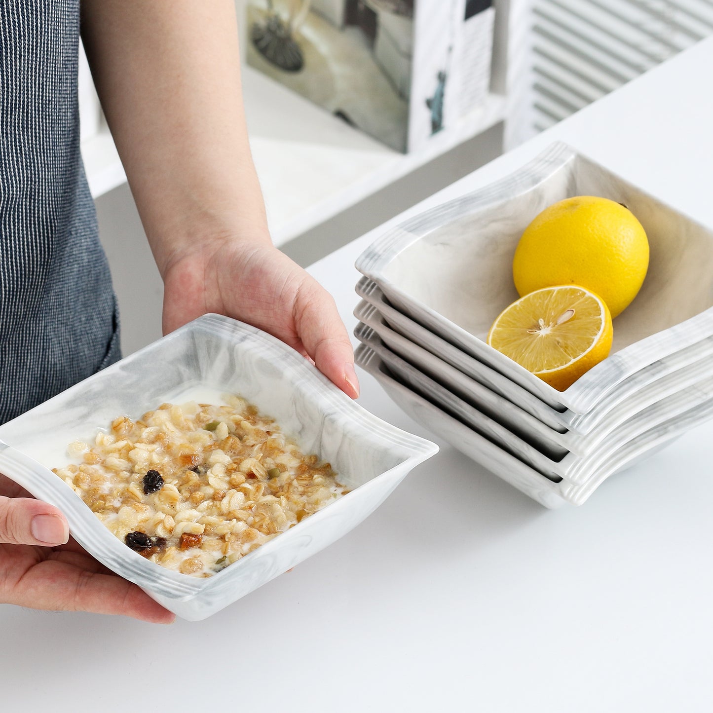 6 Piece Square Shaped Porcelain Cereal Bowl Set - Microwave Safe, Durable, and Easy to Clean - Vancasso Brand, Perfect for Soup, Salad, and Everyday Meals