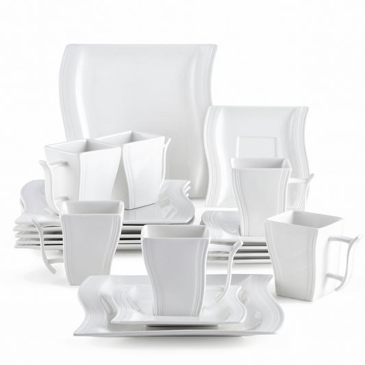 Plates Cups and Saucers Set, 18-Piece Square Plate Set for 6, Porcelain Dish Set with Dessert Plates, Coffee Mugs and Saucers, Kitchen Dinnerware Sets Microwave Safe