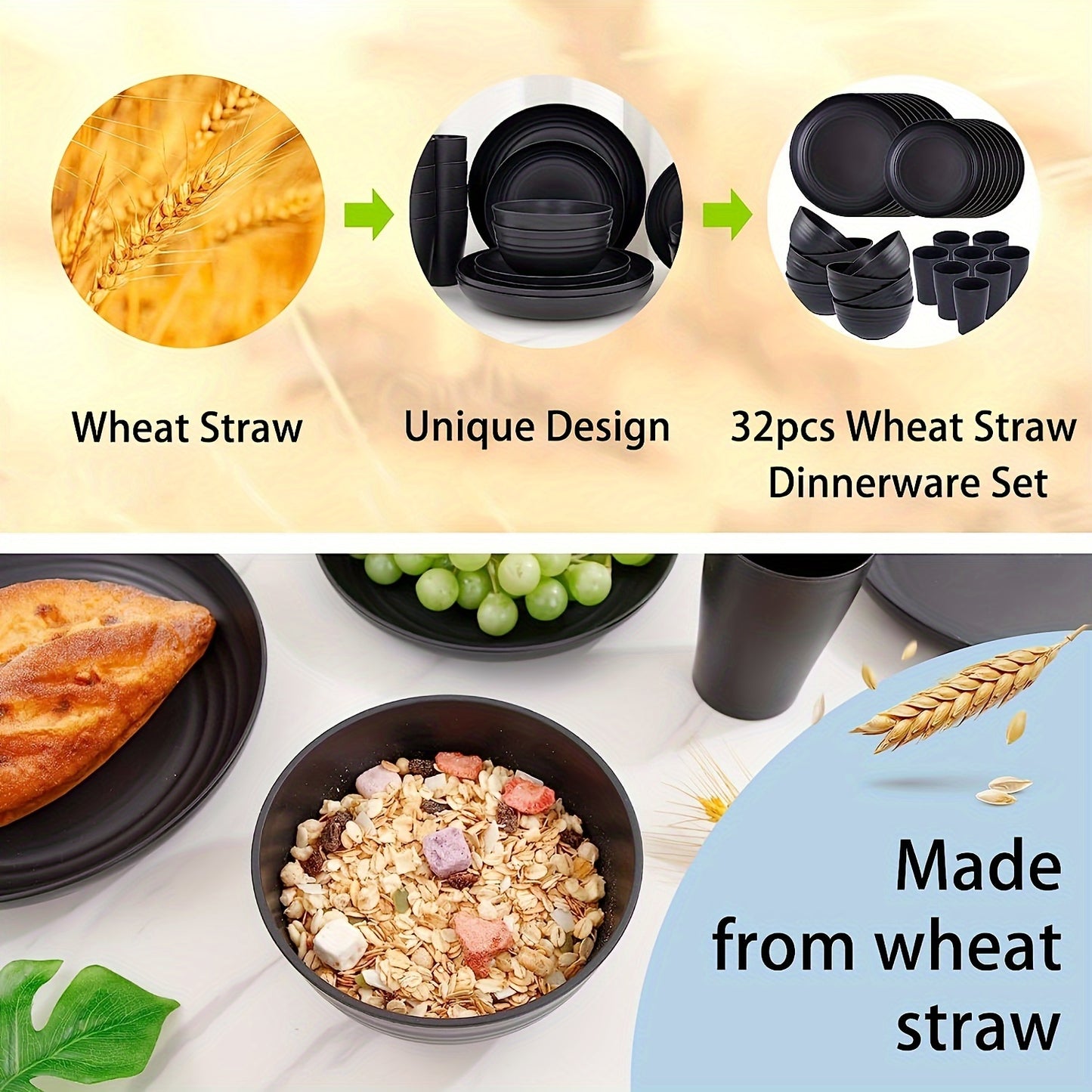 32Pcs Wheat Straw Dinnerware Sets, Lightweight Plates and Bowls Set, Plastic Reusable Plates, Microwave Dishwasher Safe, Reusable Dinnerware, Black Set 8 Dinner Plates, 8 Dessert Plate, 8 Cereal Bowls, 8 Cups.