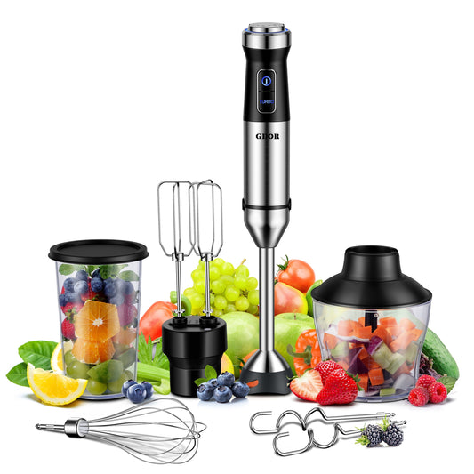 1pc GDOR 6-in-1 Stainless Steel Immersion Blender, Handheld Electric Mixer with 20 Speeds & Turbo, Scratch-Resistant Titanium Blades, Dough Hooks, Egg Beaters, Whisk, 27.05oz Beaker, 20.29oz Chopper, BPA-Free, US Plug, 110V-1