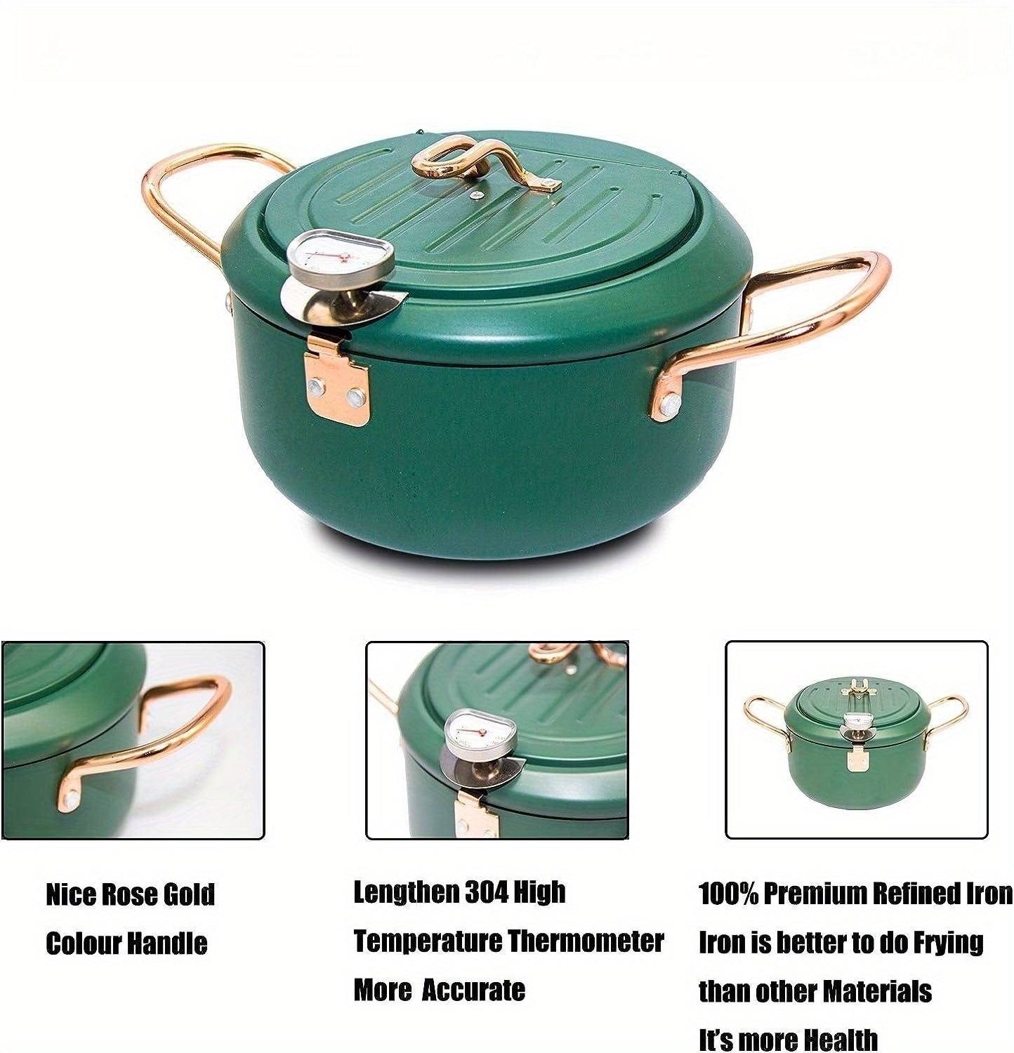 1pc Large Green Tempura Deep Fryer Pan - Non-Stick Carbon Steel with Fahrenheit Thermometer for Perfect Tempura, Chicken, Fish, Shrimp - Easy Cleaning, Durable, Space-Saving Design for Home Kitchen