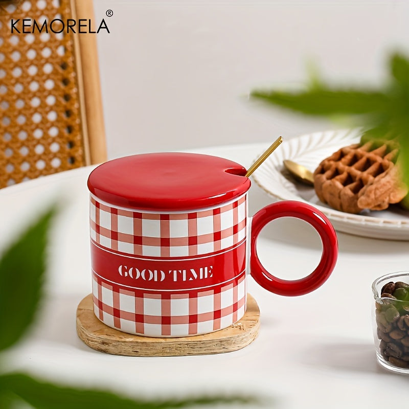 KEMORELA Ceramic Coffee Mugs Set with Lids and Spoons, Houndstooth Pattern Reusable Round Cups, Microwave Safe, Machine Wash, Multipurpose Drinkware, Ideal for Christmas, Halloween, Thanksgiving, Valentine's, Father's Day Gif
