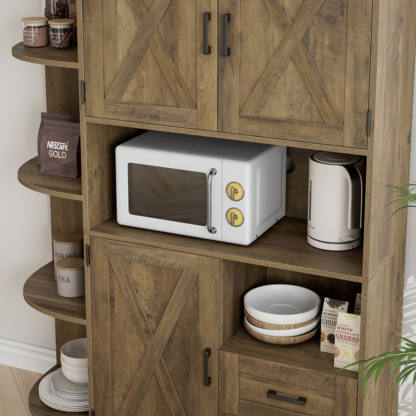 FULTRU 60.4" Farmhouse Kitchen Pantry Storage Cabinet, Freestanding Hutch with Doors & Shelves, Buffet Sideboard with Microwave Stand, Coffee Bar with Drawers, Cupboard for Dining Room, Rustic Brown