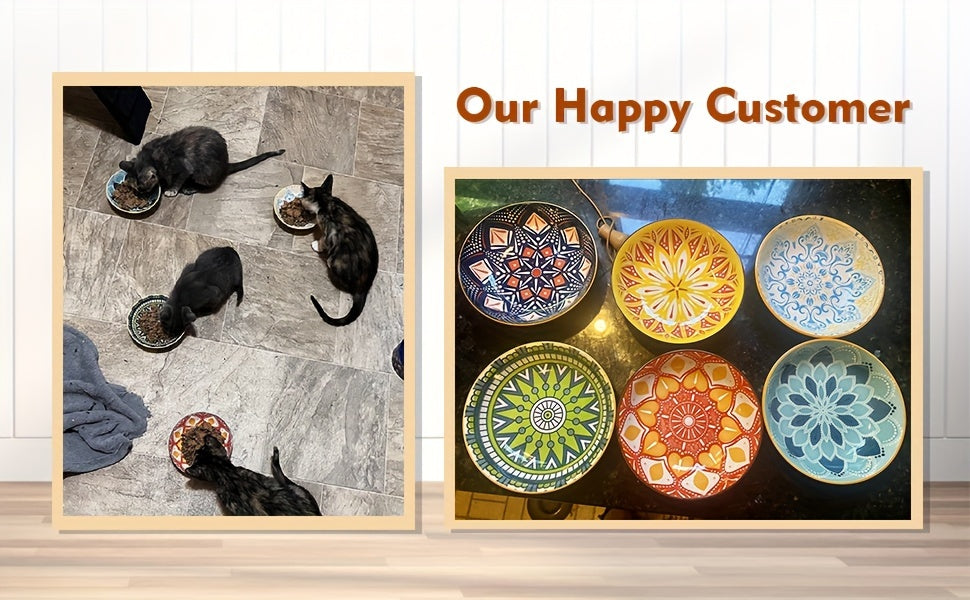 6pcs 5.5in Wide Shallow Cat Food Bowl Set -Ceramic - Colorful Cute Small Flat Kitten Feeding Dish - Microwave And Dishwasher Safe