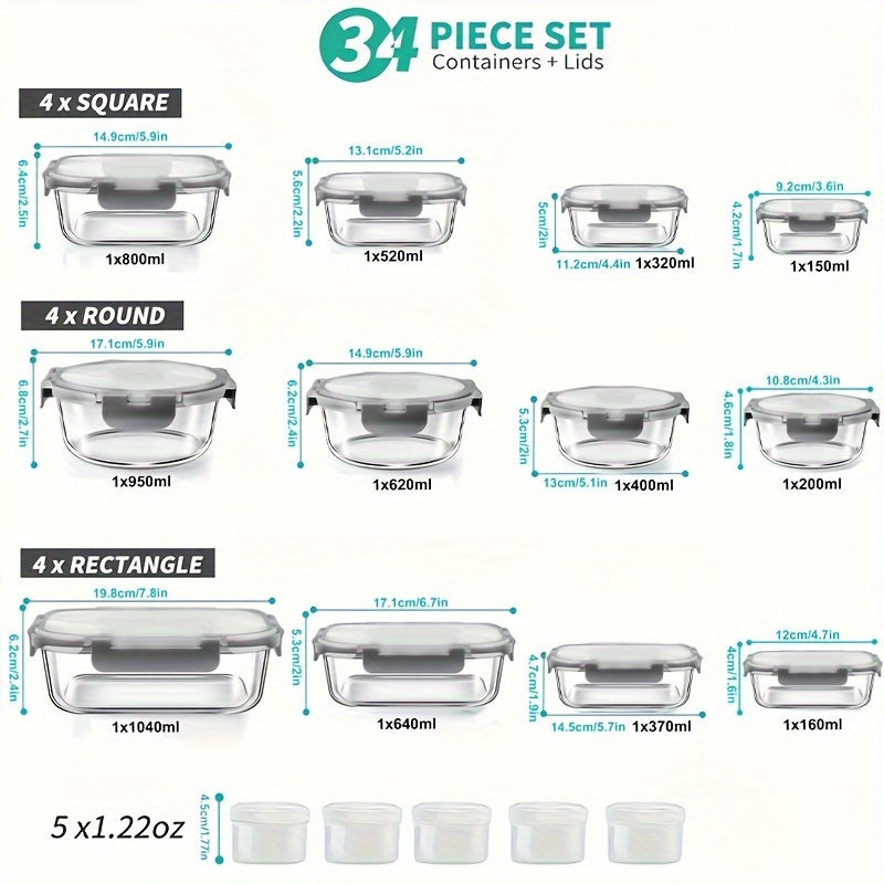 34pcs Glass Food Storage Containers Set, BPA-Free, Airtight & Leak Proof, Dishwasher, Microwave, Oven, Freezer Safe, Multipurpose Rectangle Containers with Flip Top Lids, Grey (17 Containers & 17 Lids)