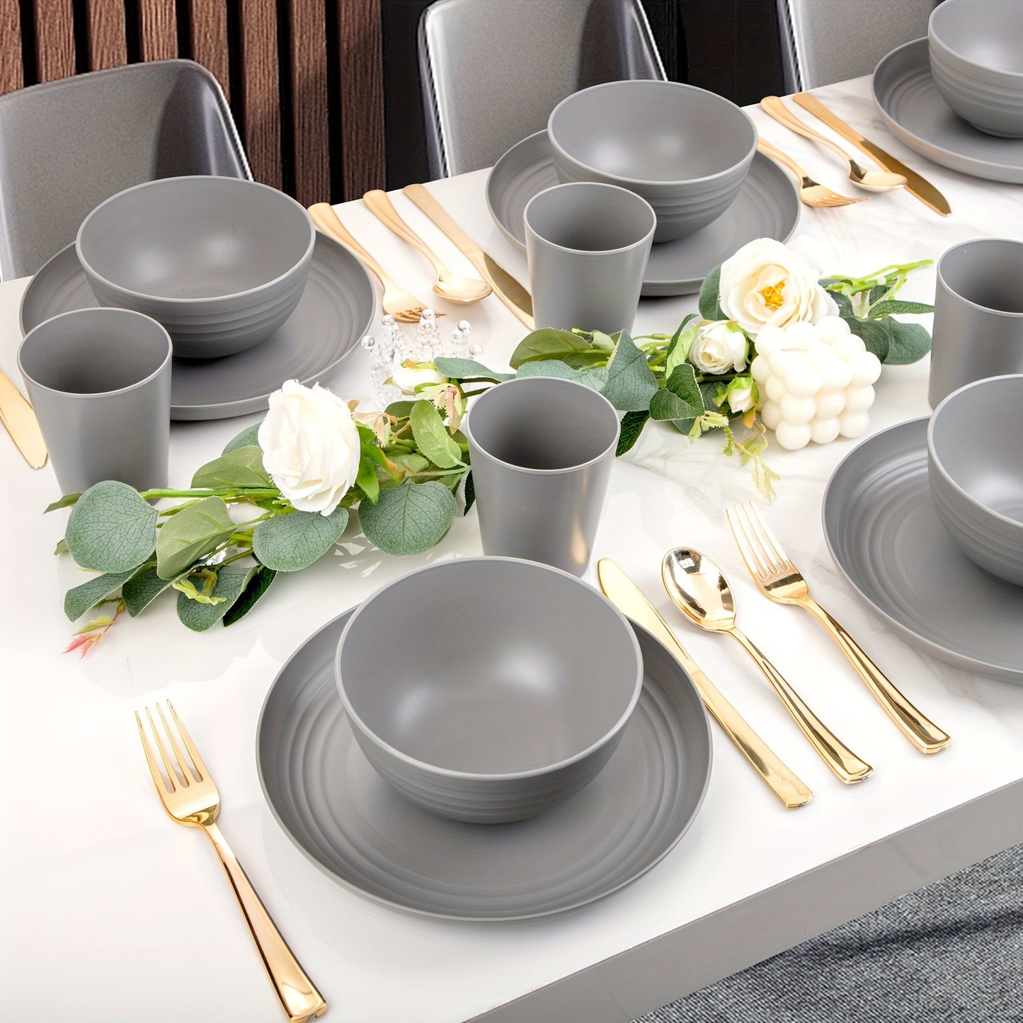 36pcs Black Wheat Straw Dinnerware Set Of 12, Plates And Bowls Set, Plastic Plates Reusable, Halloween Halloween Plastic Plates, Black Dishwasher And Microwave Safe, Unbreakable Dinnerware, Camping Plates.