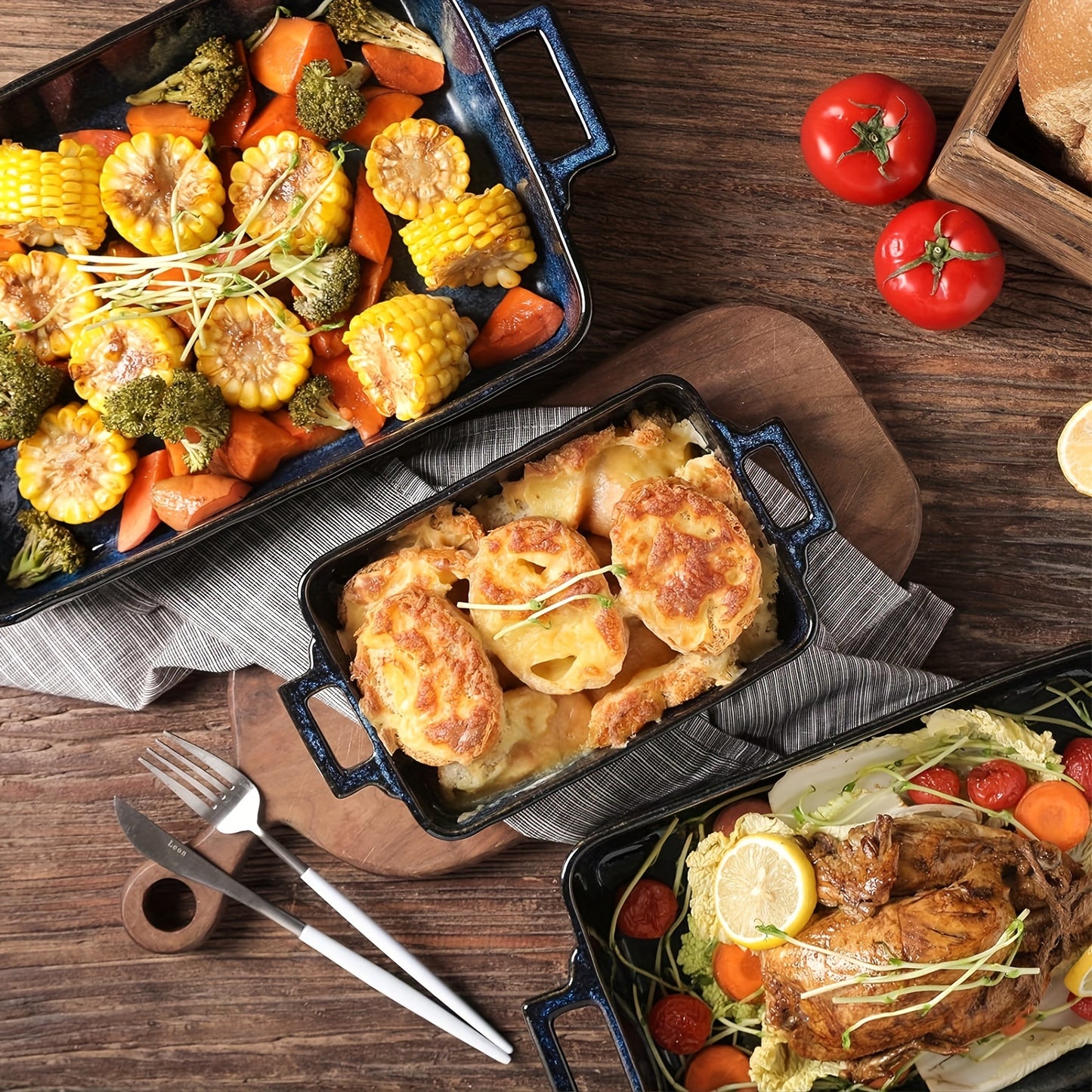 Vicrays 7-Piece Kitchen Bakeware Set, French Onion Soup Bowls With Handles, Soup Crocks for French Onion Soup, Cereal, Beef Stew, Chill, Pasta, Pot Pies, Microwave and Oven Safe (Blue)