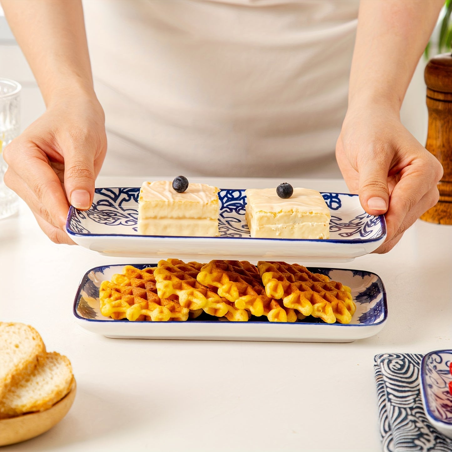 Chinese style ceramic dinnerware 30 pcs set, including 8.5 inches salad plate, 10.5 inches dinner plate, 16 oz coffee mug, 8.3 inches rectangular plate, 24 oz cereal bowl each 6 pcs, microwave oven dishwasher safe, housewarmi