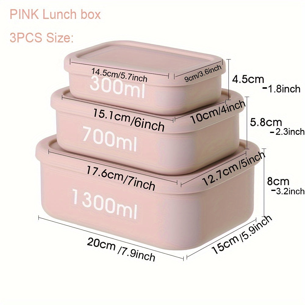 3pcs Silicone Bento Lunch Box Set with Lids - Airtight, Microwave & Dishwasher Safe Food Storage Containers in Green/Pink/Blue - Perfect for School, Office, Camping & Picnics (10oz, 23.6oz, 44oz)