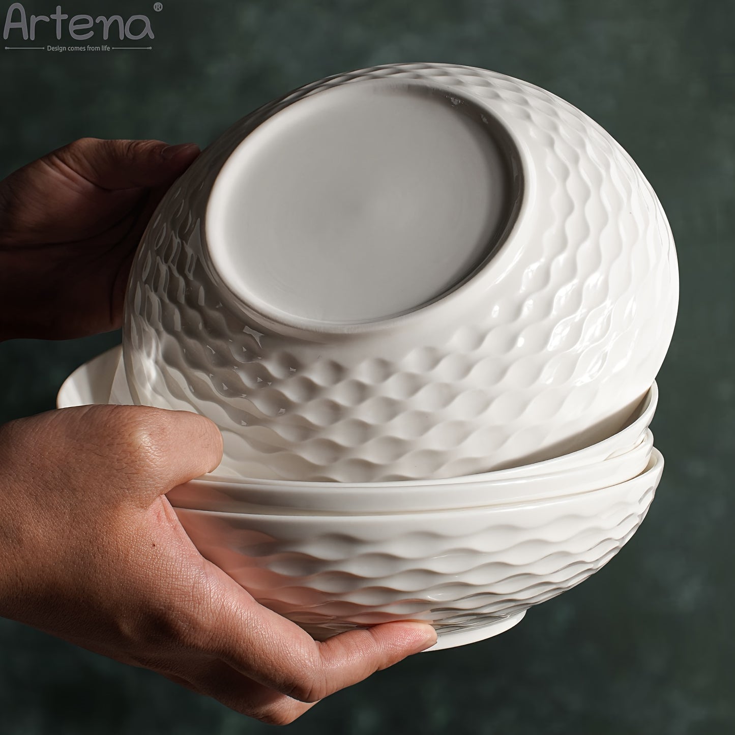 Large Ceramic 4pcs Artena Pasta Bowls - 32oz/35oz, 7.9''/8'' Embossed Soup Bowls - White Serving Bowls for Entertaining, Microwave Dishwasher Oven Safe