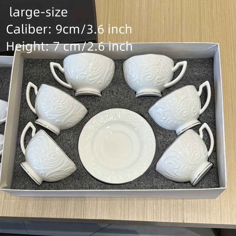 Luxury Floral Embossed Golden-Trimmed Tea Set - 6 Ceramic Cups & Saucers, Microwave Safe, Perfect for Afternoon Tea, Desserts & Gifts