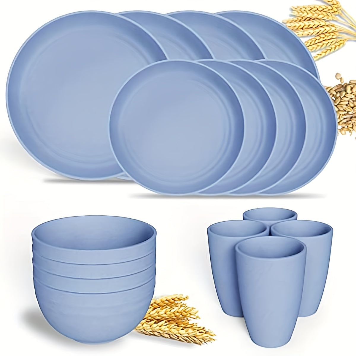 16pcs Unbreakable Wheat Straw Dinnerware Sets, Lightweight Plates Cups And Bowls Sets, Dishwasher Microwave Safe, For RV Outdoor Camping