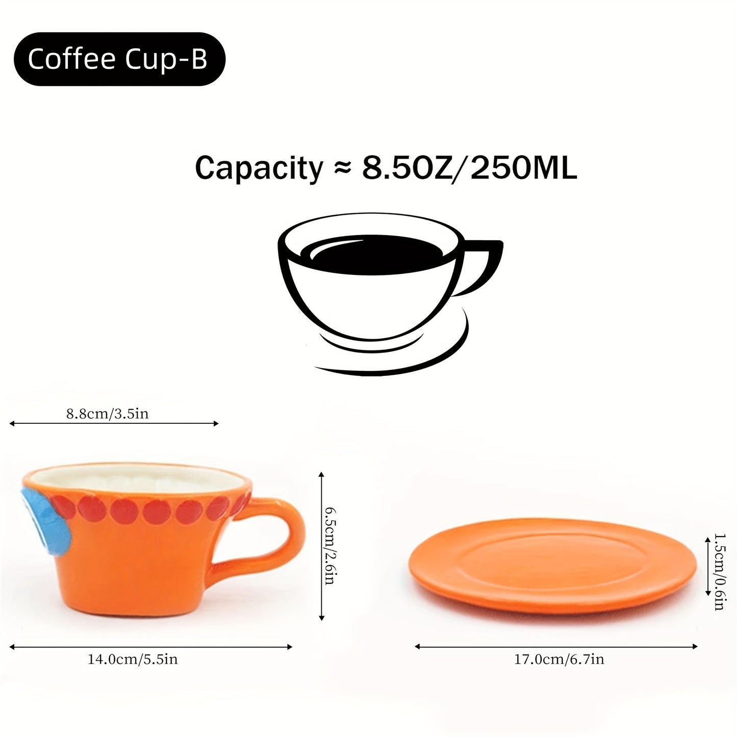 One Piece Ceramic Coffee Cups and Saucers Set - Microwave Safe, Lead-Free, Poly-Coated, Reusable, Round, Matching Set for Adults - Perfect Gift for Him/Her on Christmas, Easter, Halloween, Hanukkah, Thanksgiving