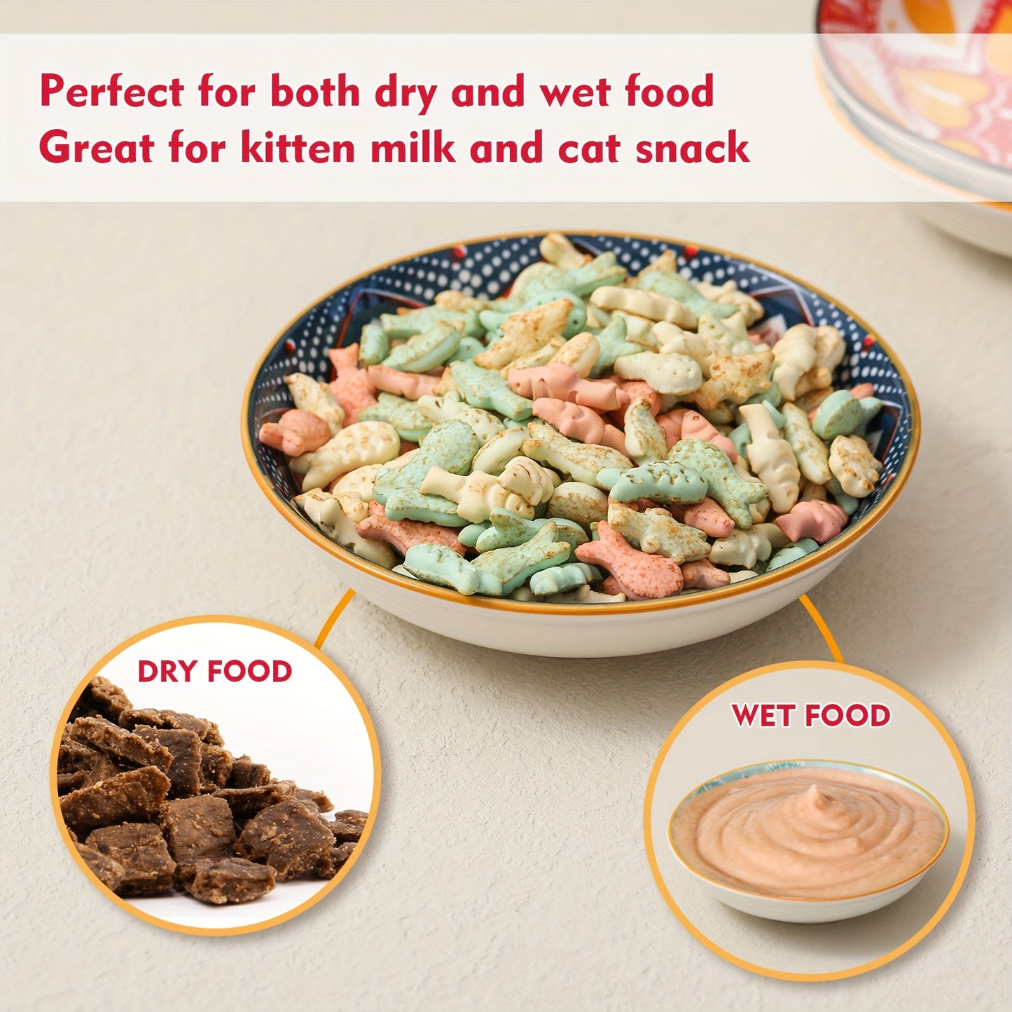 6pcs 5.5in Wide Shallow Cat Food Bowl Set -Ceramic - Colorful Cute Small Flat Kitten Feeding Dish - Microwave And Dishwasher Safe