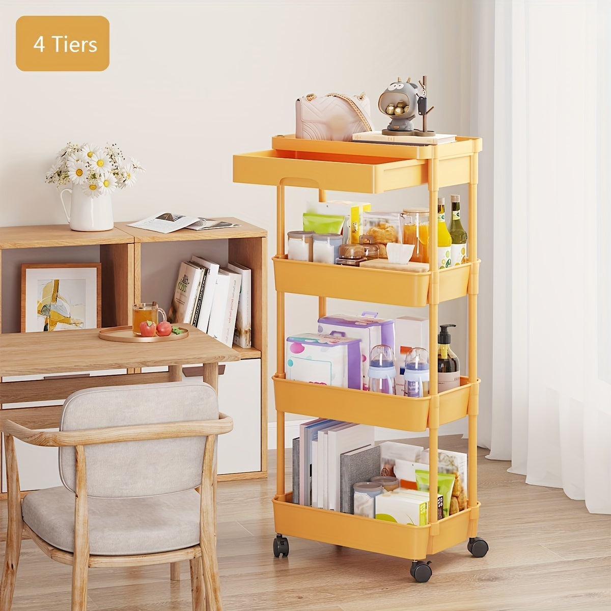 Multi-Tier Storage Trolley - Space-Saving Floor-to-Ceiling Design, Smooth Mobility, and Versatile Use in Kitchen, Bathroom, Bedroom, and Living Room for Displaying Snacks and Essentials