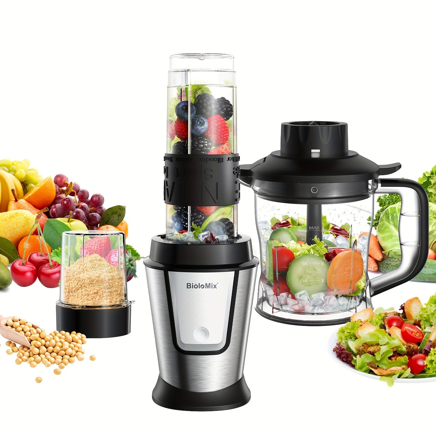 BioloMix 700W High-Speed Blender - 3-in-1 Smoothie Maker, Food Processor & Grinder