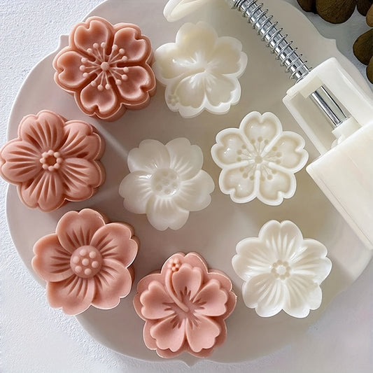 5pcs Flower Cookie Press Set - DIY Mooncake & Pastry Molds, ABS Plastic, Intricate White Flower Designs for Elegant Baking, Ideal for Christmas & Halloween, Kitchen Essentials