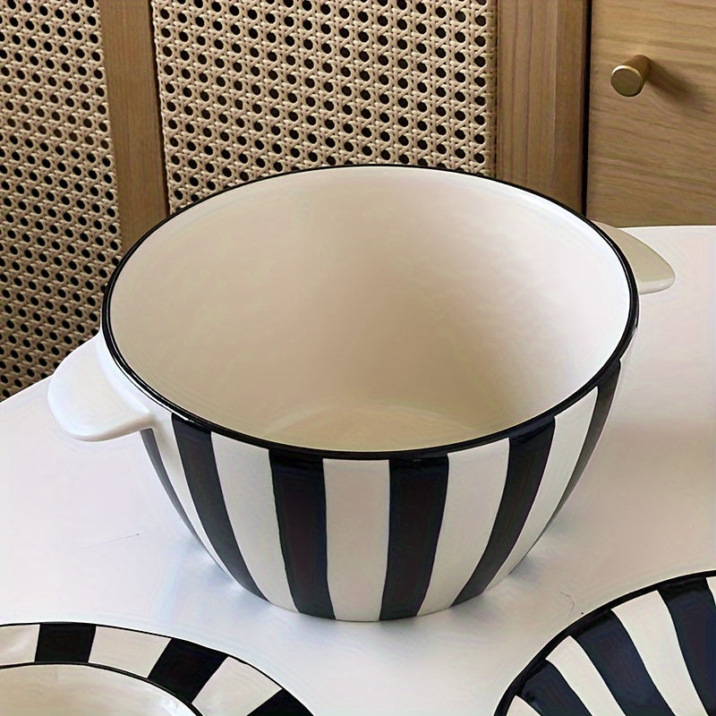 Vintage Black & White Striped Ceramic Dinnerware Set - Deep Plate, Noodle Bowl, Straw Hat Design - Premium Textured Tableware For Home, Kitchen, Salad & Soup Bowls - Microwave Safe