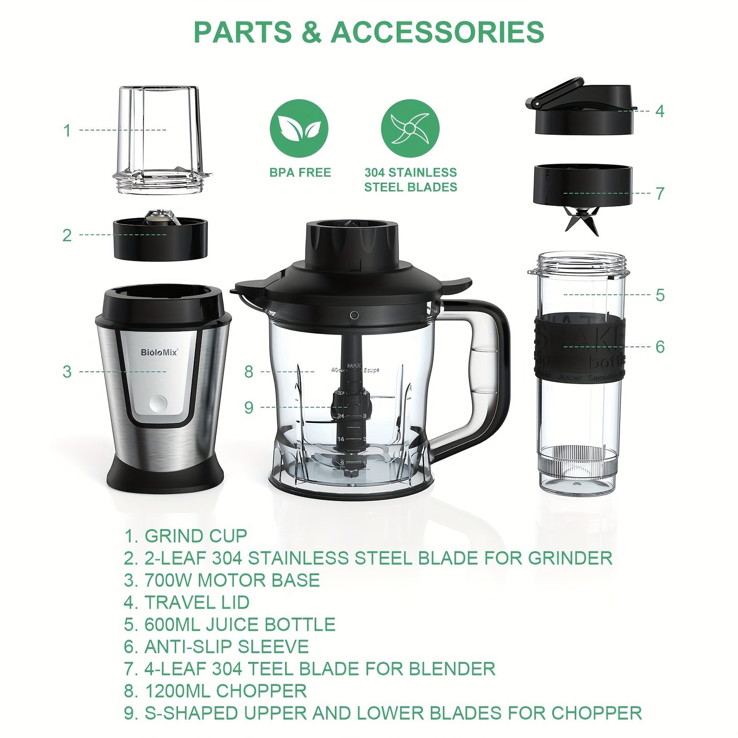 BioloMix 700W High-Speed Blender - 3-in-1 Smoothie Maker, Food Processor & Grinder