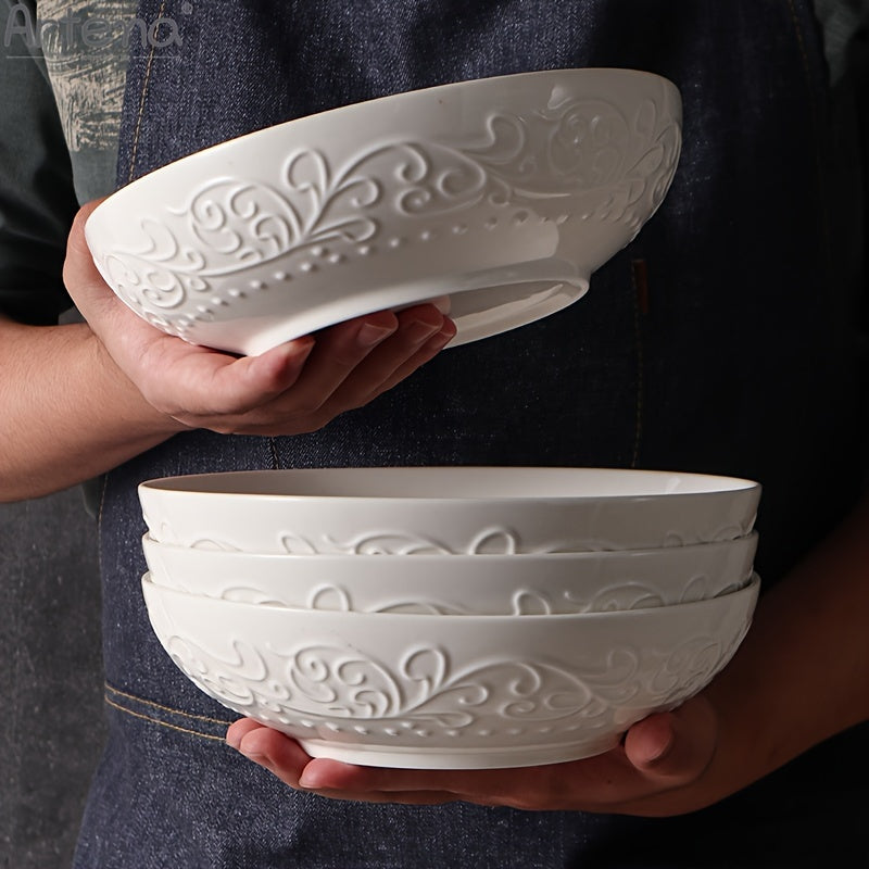 Large Ceramic 4pcs Artena Pasta Bowls - 32oz/35oz, 7.9''/8'' Embossed Soup Bowls - White Serving Bowls for Entertaining, Microwave Dishwasher Oven Safe