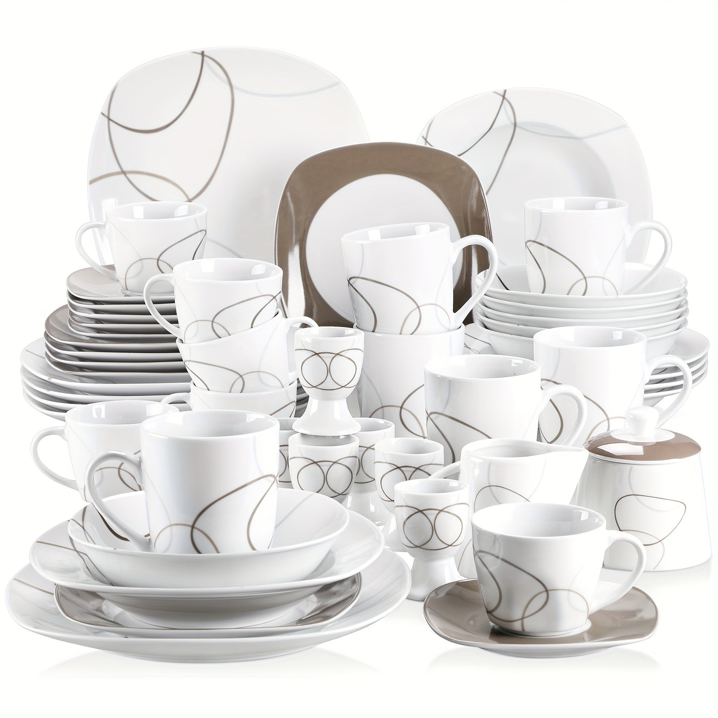 50-Piece Dinnerware Set Service for 6 Plates and Bowls Set Porcelain Tableware Dishes Set Brown Lines Patterns, Including Plates Sets, Bowls, Mugs, Egg Cups, Cup and Saucer Set, Milk Jug and Sugar Pot Set, Microwave and Dishw