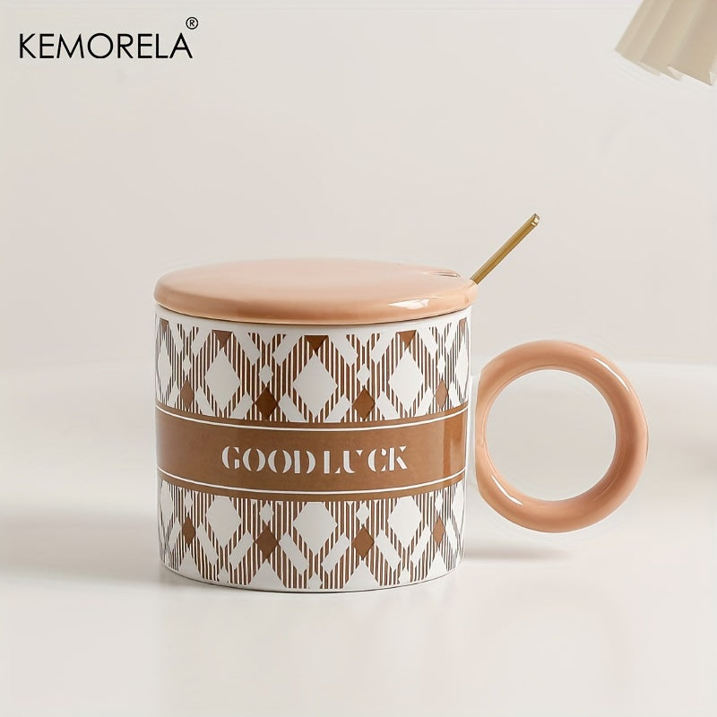 KEMORELA Ceramic Coffee Mugs Set with Lids and Spoons, Houndstooth Pattern Reusable Round Cups, Microwave Safe, Machine Wash, Multipurpose Drinkware, Ideal for Christmas, Halloween, Thanksgiving, Valentine's, Father's Day Gif