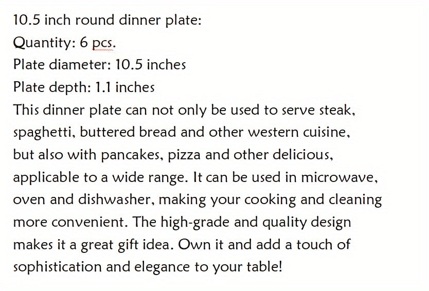 10.5 Inch Ceramic Dinner Plate 6pcs Set Set, Large Kitchen Ceramic Salad Tableware for Steak, Pancakes, Pizza, Pasta, Scratch Resistant, Microwave Oven Dishwasher Safe, Birthday New Year Couple Gift