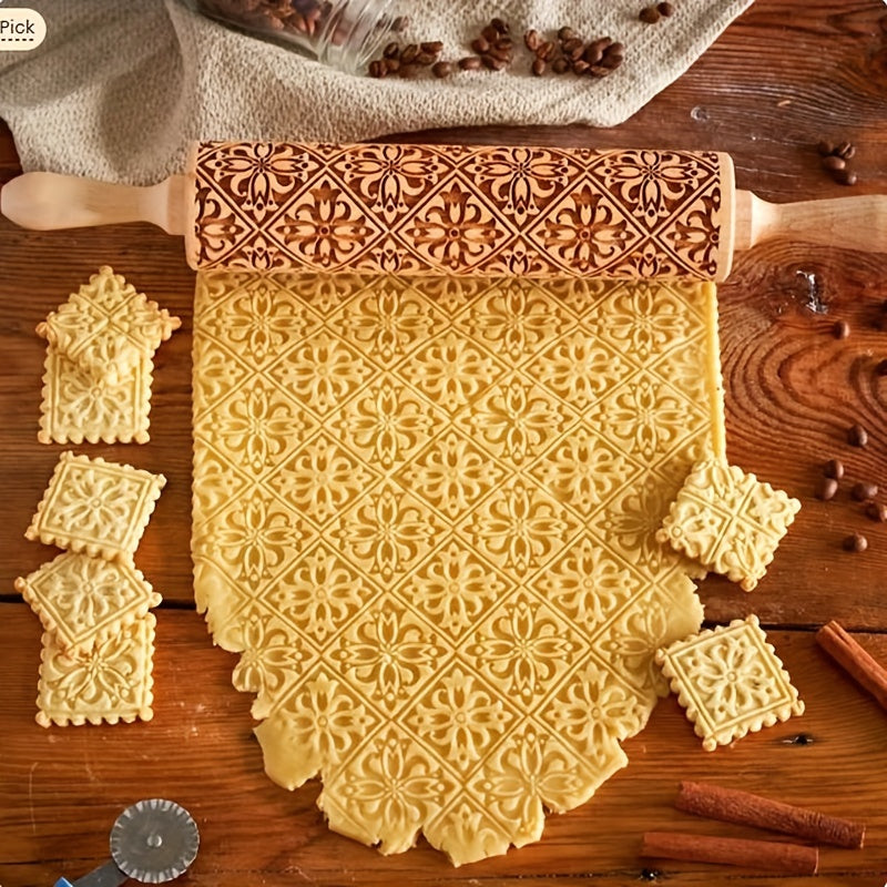 1pc Wooden Lasercarved Pattern Rolling Pin, Festive Holiday Baking Tool for Christmas, Halloween, Easter, Thanksgiving, St. Patrick'S Day, Cookie & Pizza Embossing, Kitchen Accessory