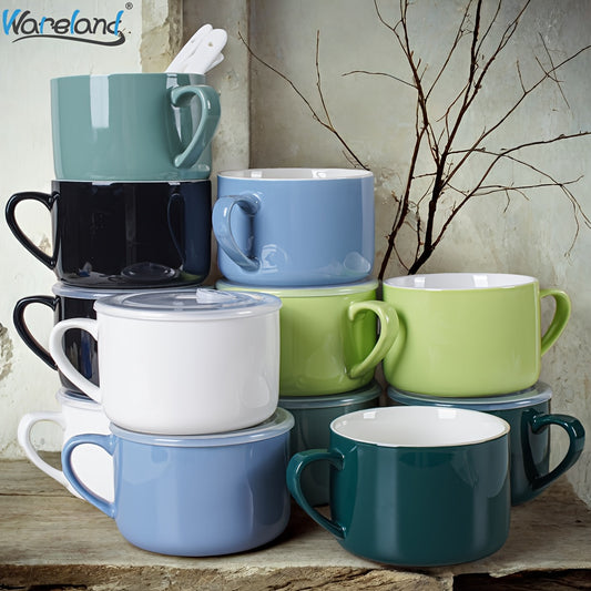 6pcs Ceramic Soup Bowls with Handles & Spoons, 30oz Large Ramen Bowls with Lids, Microwave Safe Noodle Bowls, Big Cereal Bowls for Oatmeal, Salad, Soup -Ideal Gift for Father's Day, Housewarming