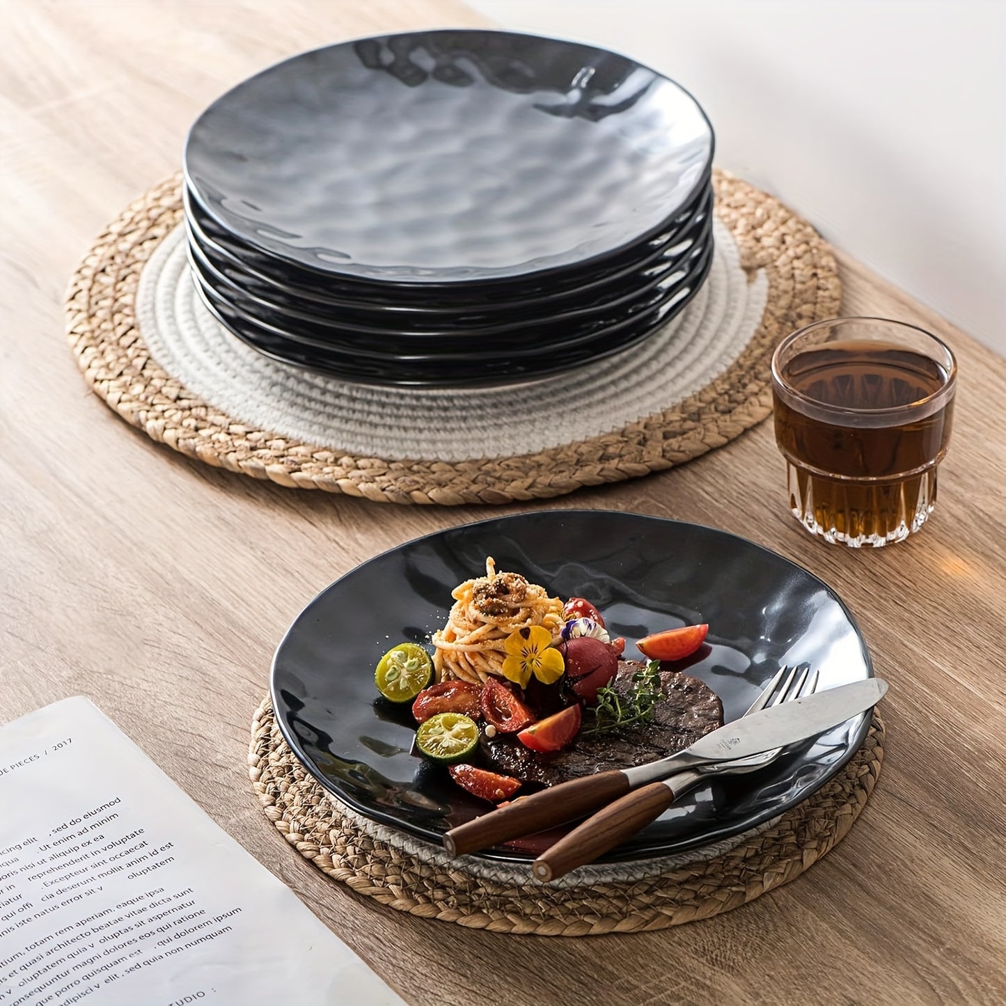 Vicrays 18 Piece Kitchen Ceramic Dinnerware Set, Ceramic Fluted Dinner Plate, Coffee Mug, Bowl Set, Microwave, Oven and Dishwasher Safe, Scratch Resistant, Suitable for Home, Parties and Restaurants (black)