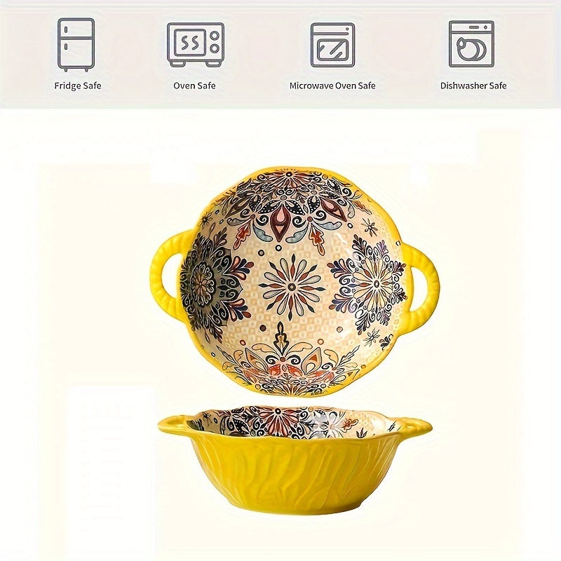 1pc 9.5 "Underglaze Color Bohemia Polish Color Double Ear Soup Bowl, Embossed Soup Bowl, Noodle Bowl, Microwave Safe, For Home Kitchen Restaurant Hotel, Kitchen Supplies, Tableware Accessories