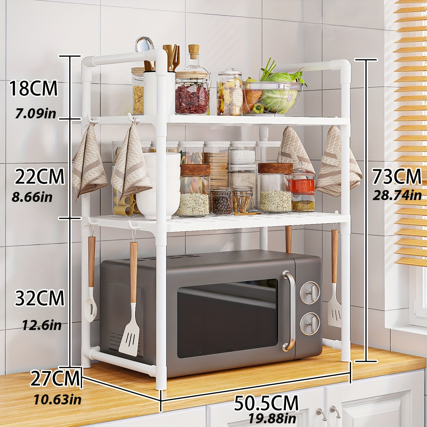 8-Hook Expandable Double-Layer Microwave Stove Rack - Multifunctional Kitchen Storage Organizer for Countertops and Cabinets - Space-Saving Plastic Rack with Adjustable Design for Kitchen Utensils and Accessories