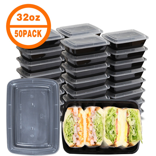 [50Pcs 32oz] Black Rectangular Food Storage Container, Meal Prep Containers with Lids, Disposable Plastic To Go Containers, Bento Box, Stackable, Leak-Proof, BPA-Free, Microwave Safe, Dishwasher Safe, Kitchen Organizers and S