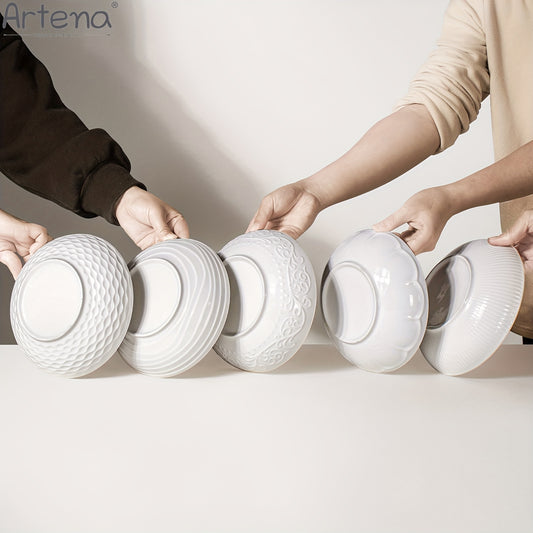 Large Ceramic 4pcs Artena Pasta Bowls - 32oz/35oz, 7.9''/8'' Embossed Soup Bowls - White Serving Bowls for Entertaining, Microwave Dishwasher Oven Safe