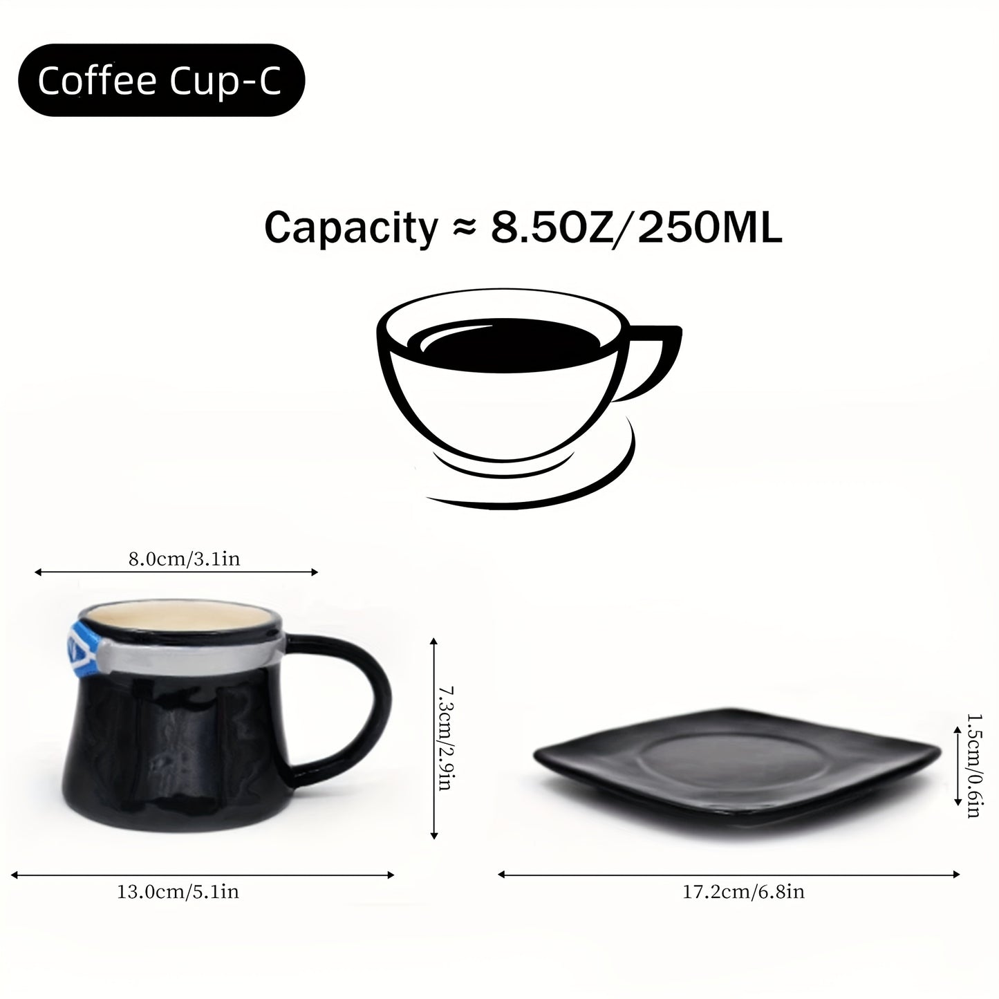 One Piece Ceramic Coffee Cups and Saucers Set - Microwave Safe, Lead-Free, Poly-Coated, Reusable, Round, Matching Set for Adults - Perfect Gift for Him/Her on Christmas, Easter, Halloween, Hanukkah, Thanksgiving