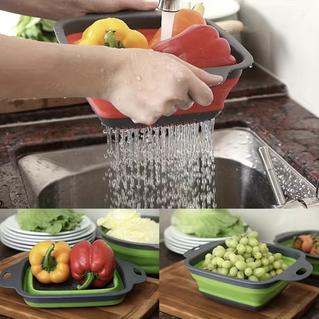 2pcs, Foldable Silicone Colander, Vegetable Washing Basket Strainer, Kitchen Sink Folding Square Drain Basket, Fruit And Vegetable Basket, Kitchen Accessaries