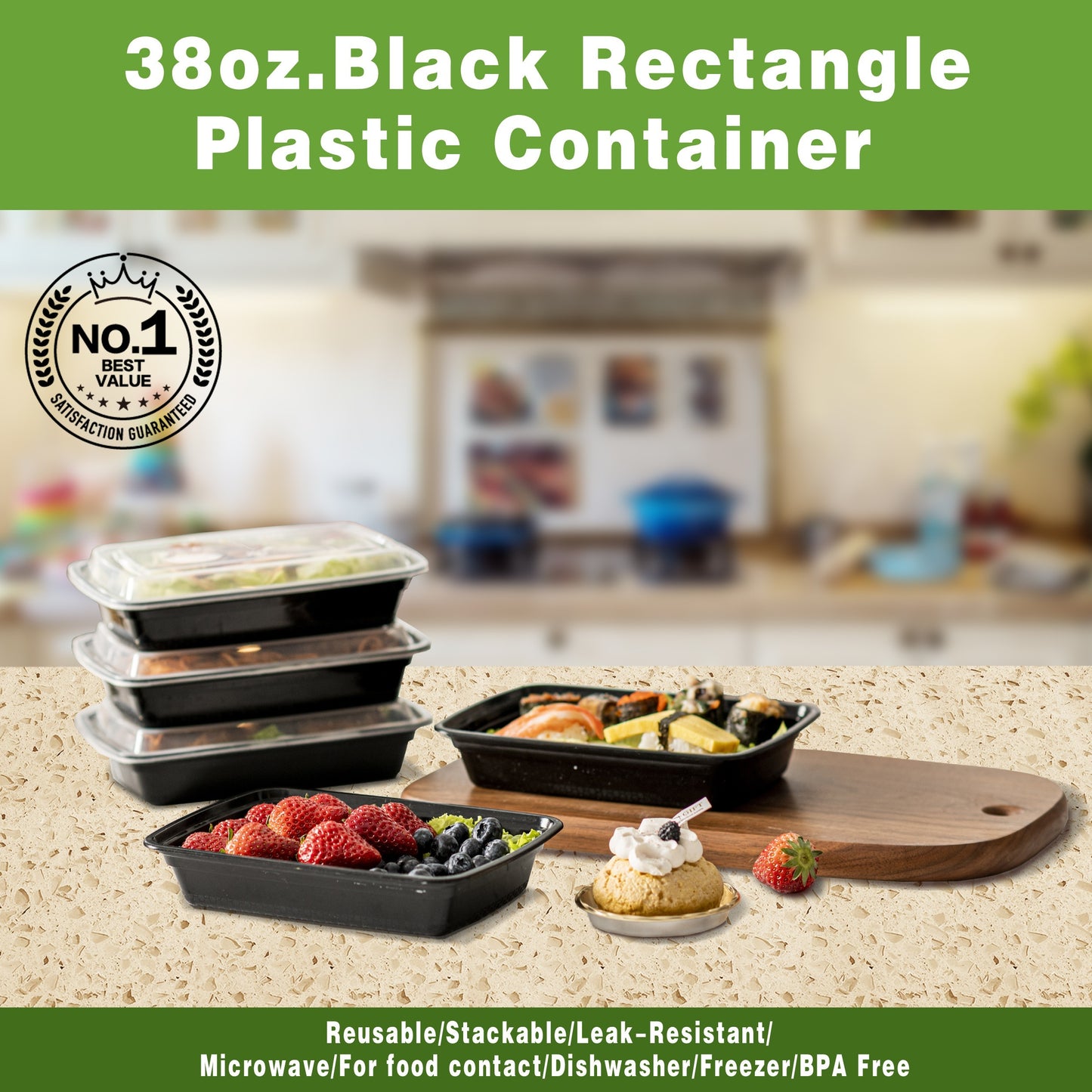 50pcs 38oz Black Rectangular Food Storage Container, Meal Prep Containers with Lids, Disposable Plastic To Go Containers, Bento Box, Stackable, Leak-Proof, BPA-Free, Microwave Safe, Dishwasher Safe, Kitchen Organizers and Sto