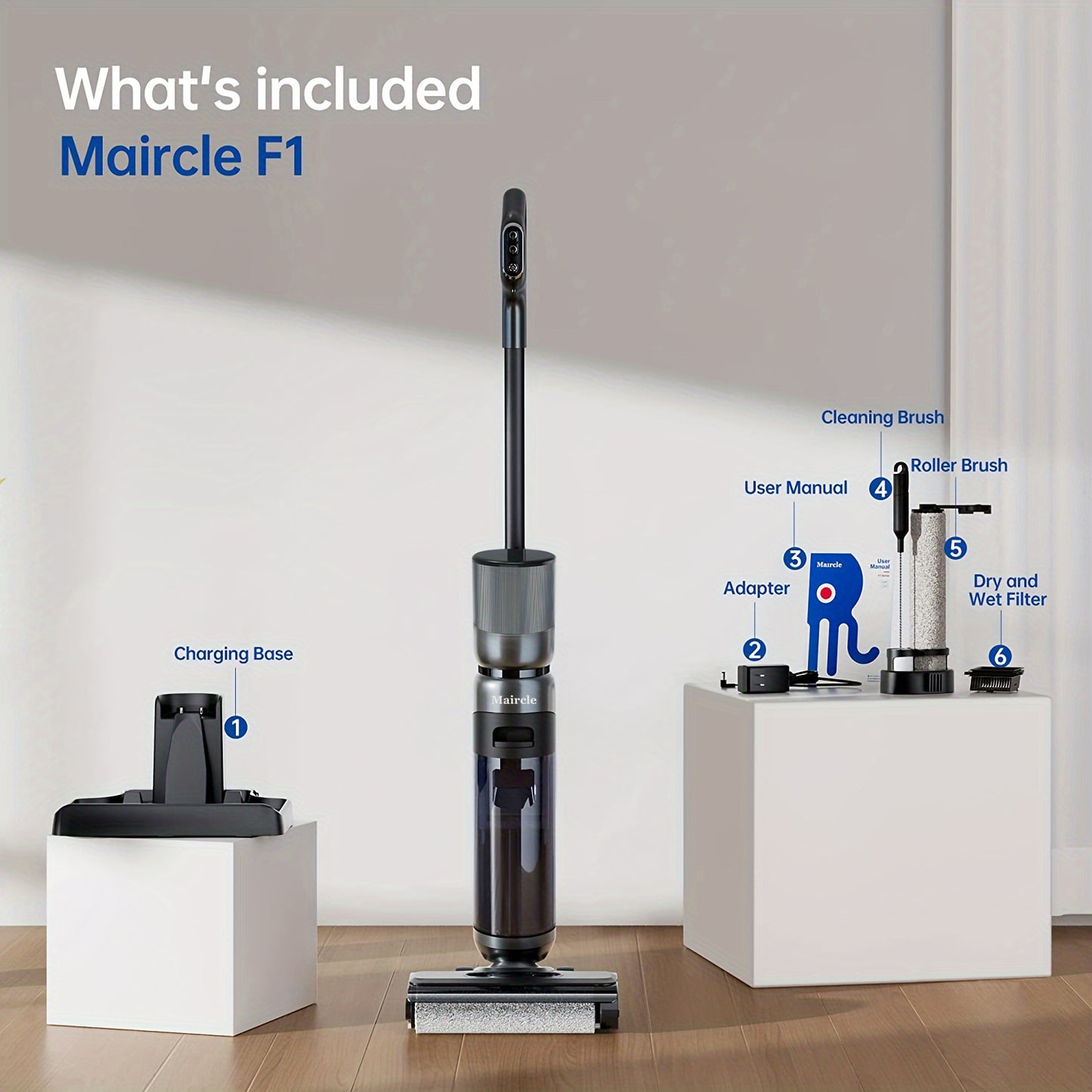 Maircle F1 Cordless Wet Dry Vacuum Cleaner, Lightweight Cordless Floor Washer With Voice Assistance, LED Screen Multi-Surface Vacuum Mop All In One With Self-Cleaning For Hardwood Floors