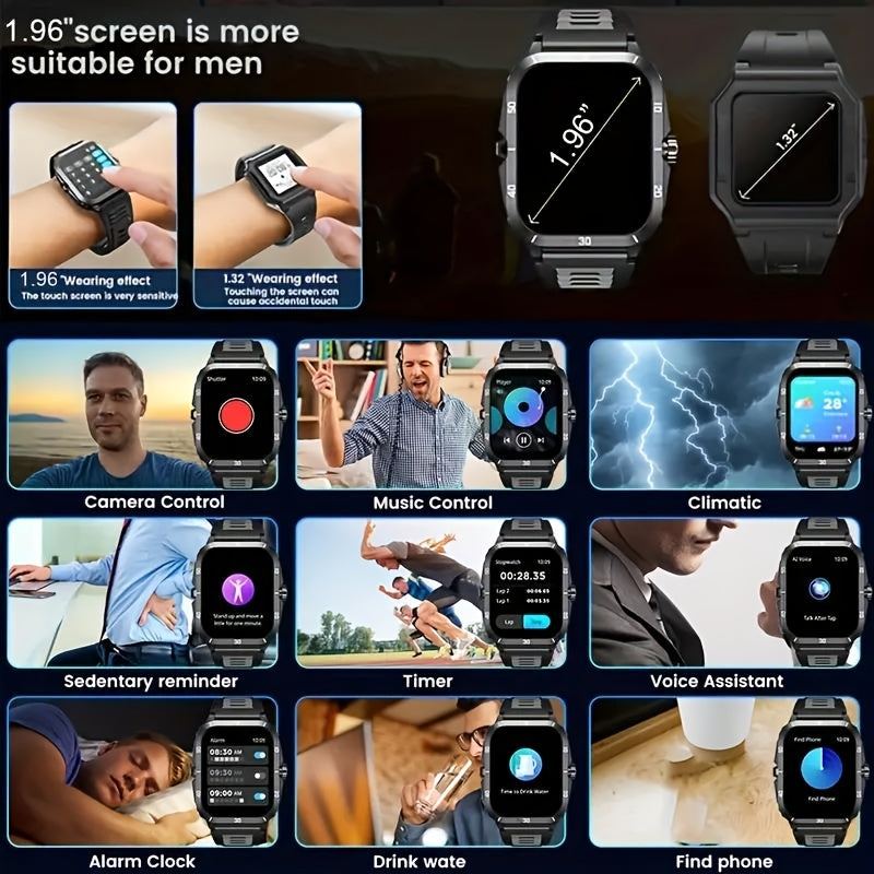 1.96 Inch Outdoor Men'S Smartwatch, Sports & Fitness Watch For IPhone & Android Phones, Extra Long Battery Life, Wireless Calling, With 100+ Exercise Modes/Long Battery Life/Music Control/Message Alert/Gift