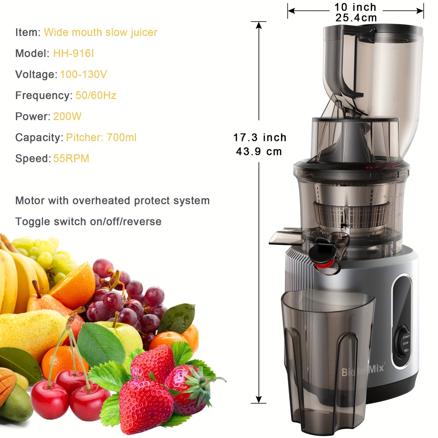 BPA FREE Wide Chute BioloMix Slow Masticating Juicer, Cold Press Juicer Blender Fit Whole Fruit and Vegetable