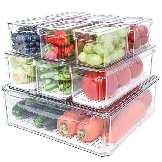 10PCS Clear Fridge Organizer Bins with Lids & Drain System - Stackable, Space-Saving Storage for Food, Drinks, Vegetables - Perfect Kitchen Organization Supplies