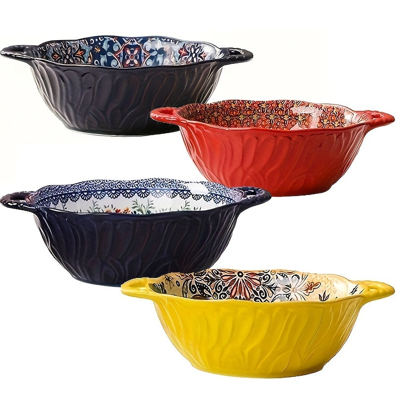 1pc 9.5 "Underglaze Color Bohemia Polish Color Double Ear Soup Bowl, Embossed Soup Bowl, Noodle Bowl, Microwave Safe, For Home Kitchen Restaurant Hotel, Kitchen Supplies, Tableware Accessories