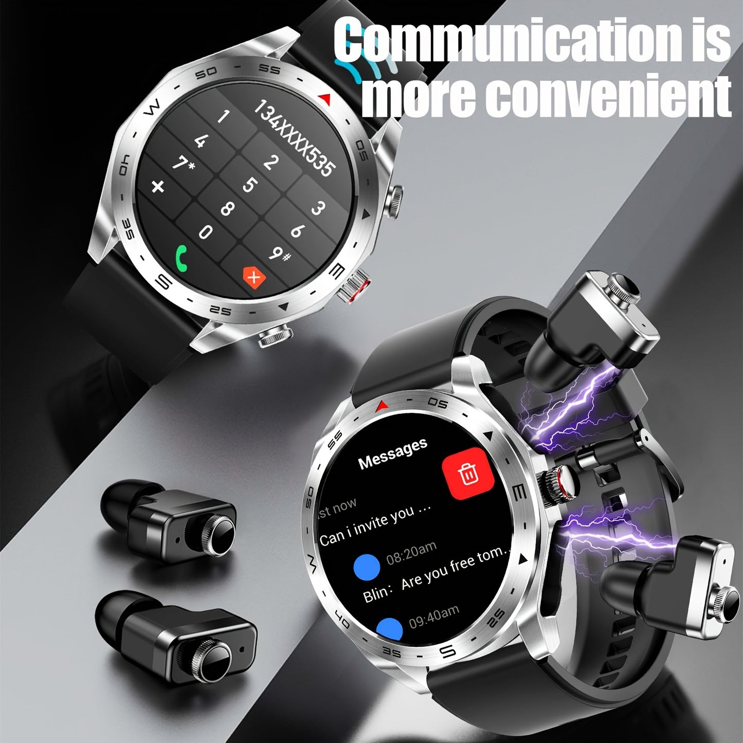 EIGIIS Mens Smart Watch, 1.52 Inch Full Touch Screen Smart Watches, TWS Full In-Ear Wearing Headphones, 400mAh Large Capacity Batteries, Make/Answer Call, Information Reminder, Multifunctional Smartwatch For Phone And Android