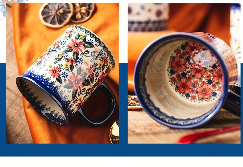 Hand-Painted Floral Ceramic Coffee Mug with Handle - Microwave Safe, Insulated for Hot & Cold Drinks, Perfect for Summer & Winter Beverages, Ideal Gift for Christmas, Weddings, Birthdays, Valentine's Day