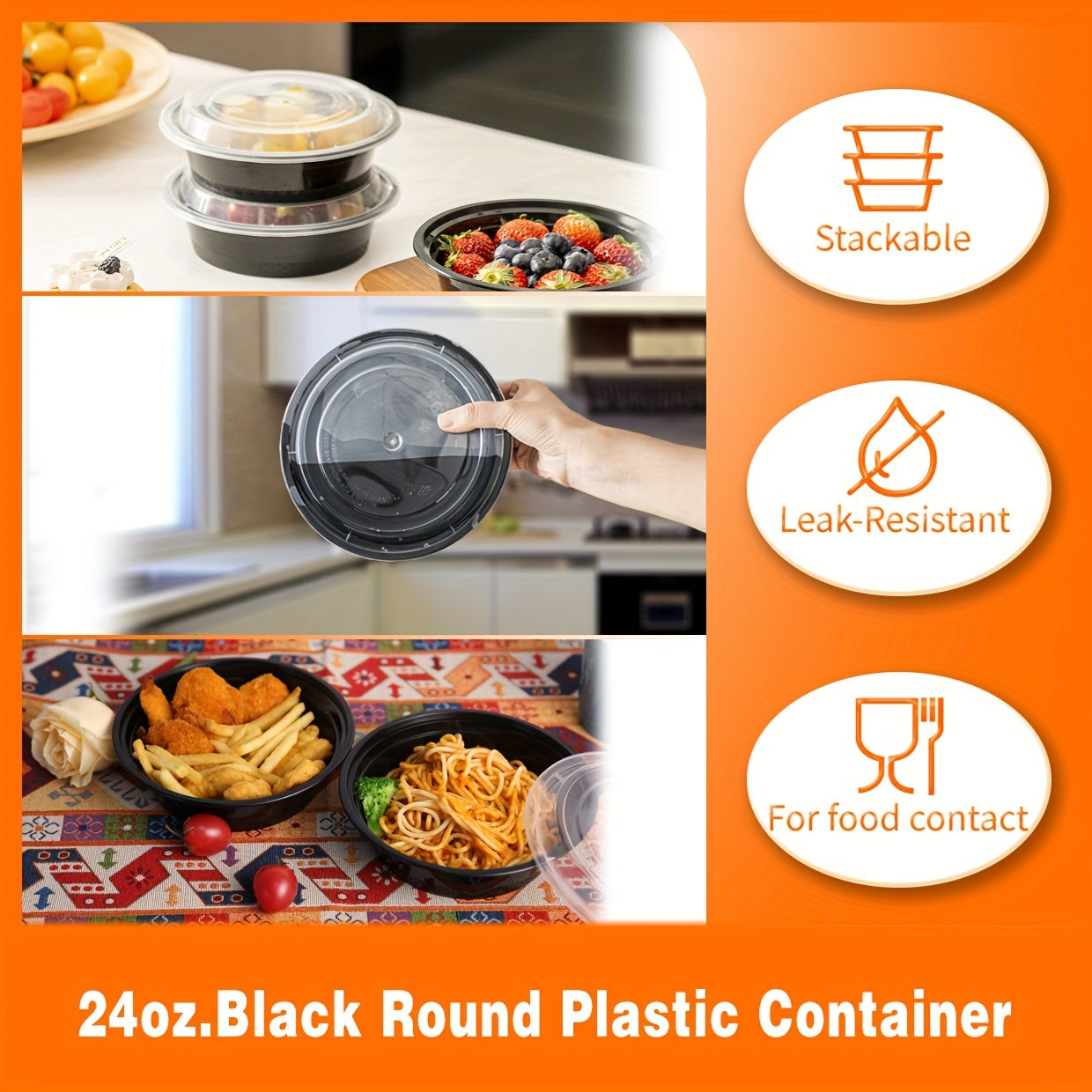 [50Pcs  24oz] Black Round Food Storage Container, Meal Prep Containers with Lids, Disposable Plastic To Go Containers, Bento Box, Stackable, Leak-Proof, BPA-Free, Microwave Safe, Dishwasher Safe, Kitchen Organizers and Storag
