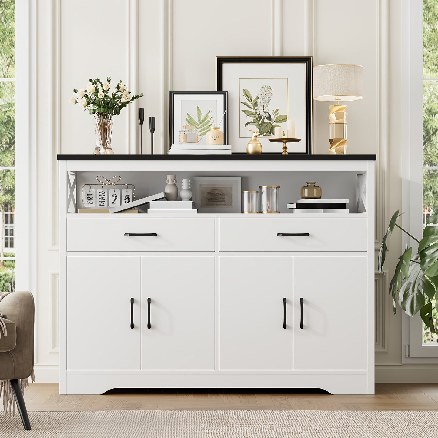 FULTRU 47" Modern Farmhouse Sideboard Buffet Cabinet, Wood Buffet Storage Cabinet with Drawers & Shelves, Large Coffee Bar Cabinet with Storage, Microwave Stand for Kitchen, Dining Room, Dark Brown, White + Rustic Brown, Whit